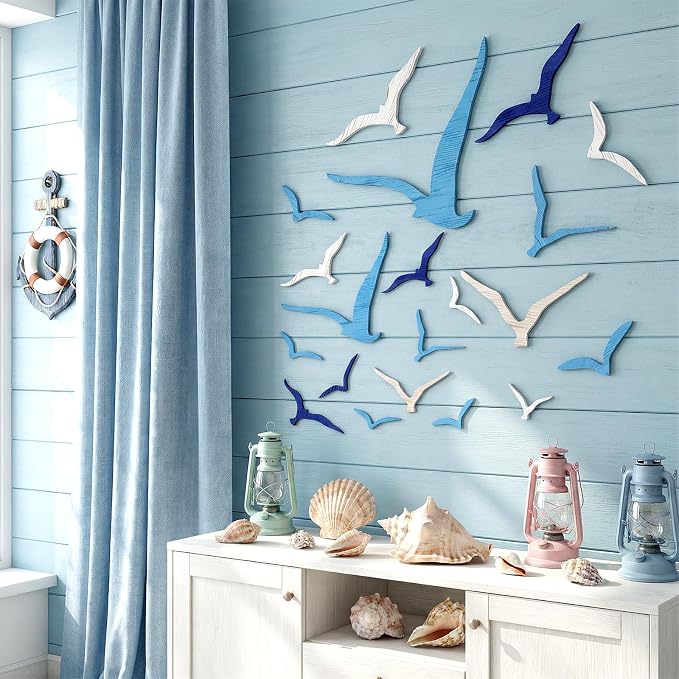 Azefnuhk 11 Pcs Wooden Seagull Wall Decor, Adhesive Sea Bird Sculpture, Coastal Nautical Beach Wall Art, Vintage Ornaments for Home, Bathroom, Living Room, Office (Brown, Blue, White)