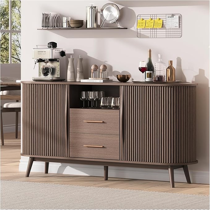 63" Sideboard Buffet Cabinet with Sliding Tambour Doors, Mid-Century Modern Accent Cabinet with Drawers & Solid Wood Legs, Fluted Storage Cabinet for Living Room, Dining Room, Walnut