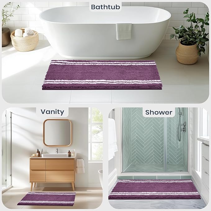 PURRUGS Bathroom Rug Non-Slip Machine Washable 24" x 60", Super Absorbent and Quick Dry Shaggy Microfiber Bath Mat, Extra Soft and Plush Bath Rug for Bathtub, Shower, and Sink, Purple
