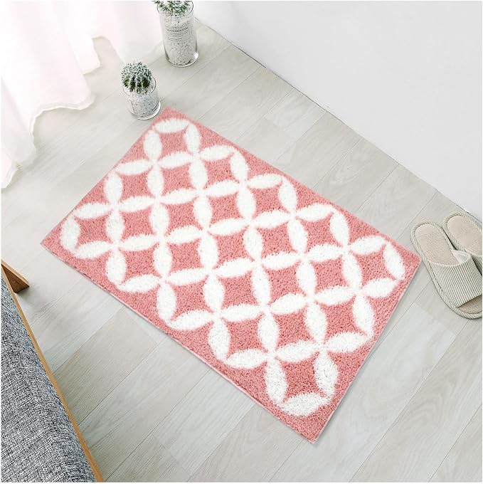 Civkor Pink and White Bathroom Rug Non Slip Washable, Cute Bath Mat for Bathroom with TPR Backing, Quick Dry Fluffy Microfiber Piles, Super Water Absorbent Thin Bath Rug Fit Under Door, 24x16Inch