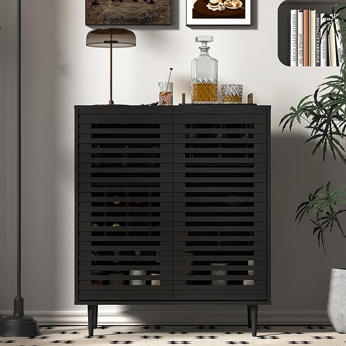Mid Century Bar Cabinet with Wine Racks, Modern Liquor Cabinet with Slatted Doors for Dining Room, Living Room (Black)