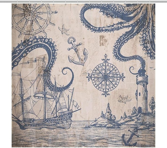 Ocean Nautical Shower Curtains,Sailboat Compass Hand Painted Navigation Vintage Nautical Elements Waterproof Shower Curtains for Bathroom Decor 12 Pack Hooks 72x72in (183x183cm)