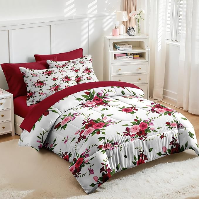 Nesker 7 Pcs Comforter Set King Size, Rose Flower Summer Bedding Set for Kids and Adults, Red Pink Floral Modern Bed Sheet Sets with Fitted Sheet 2 Pillowcases & 2 Shams