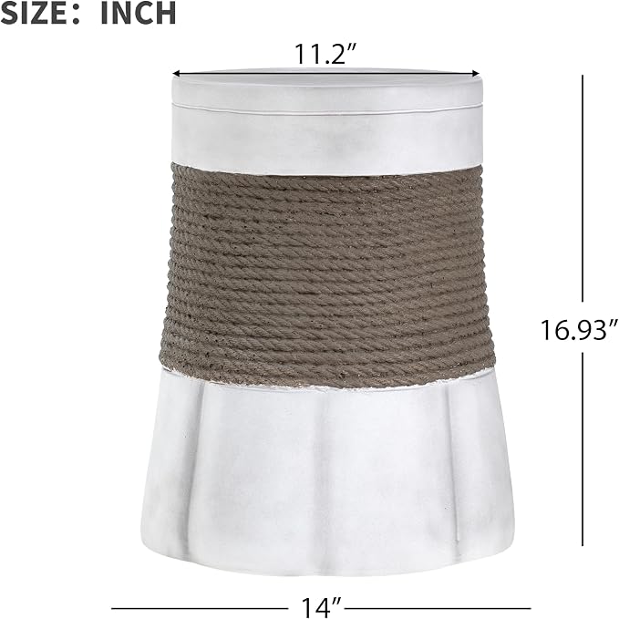 ø14'' Faux Concrete Cement Round Side Table End Table, Modern Contemporary Minimalist Retro Style, MGO Material for Indoor & Outdoor, No Assembly, Woven Rope & Fan-Base, Brown & Gray