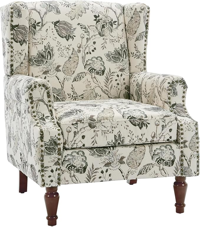 High Back Floral Accent Chairs Set of 2, Fabric Upholstered Armchair for Living Room, Retro Printed Wingback Arm Chair Nailhead Trim Single Sofa Bedroom Reading Seat - Beige Plants