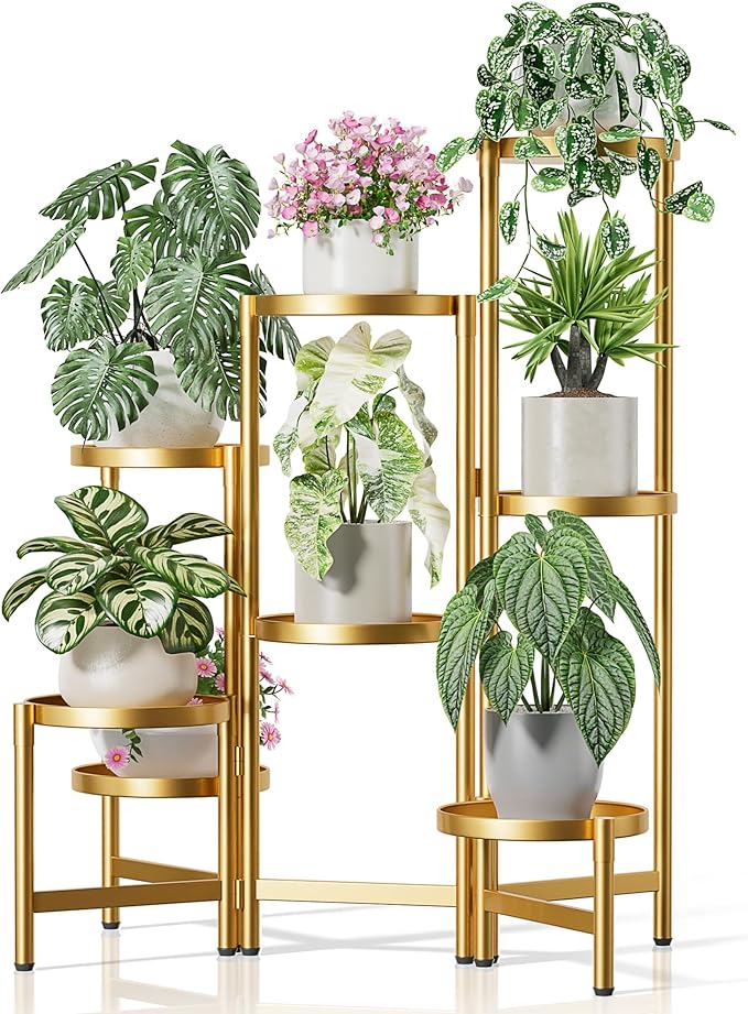 Gold Plant Stand, 8 Tiered Plant Stand Indoor for Multiple Large Planter, Tall Heavy Duty Adjustable Folding Rack with Rustproof 7.9 Inch Wide Tray, Corner Plant Shelf for Balcony - GoldDisk