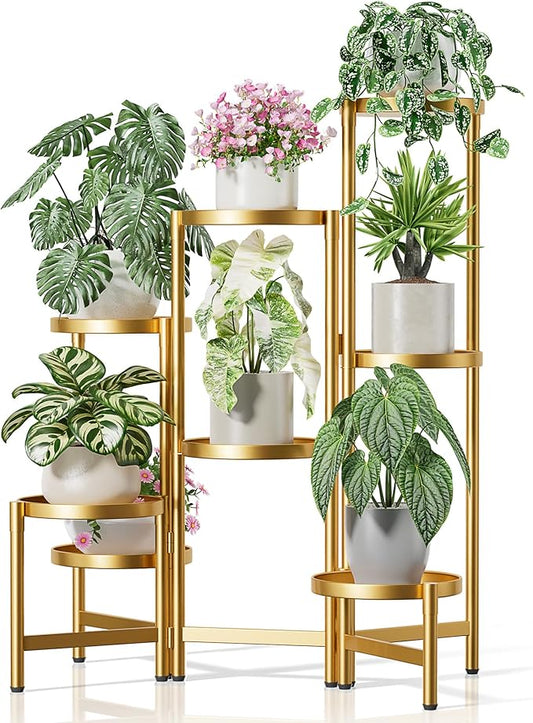 Gold Plant Stand, 8 Tiered Plant Stand Indoor for Multiple Large Planter, Tall Heavy Duty Adjustable Folding Rack with Rustproof 7.9 Inch Wide Tray, Corner Plant Shelf for Balcony - GoldDisk
