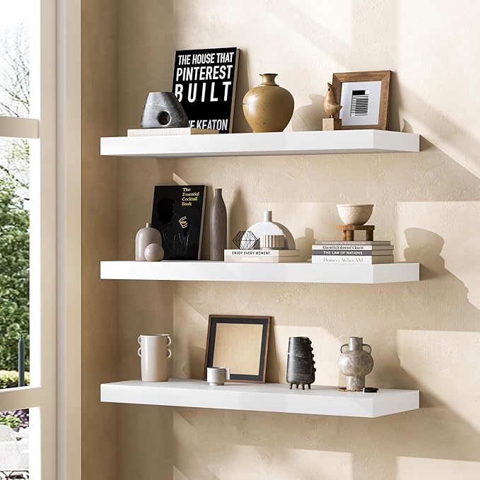 Farmhouse Floating Shelves - 8 Inch Deep Rustic Wood Wall Shelf - Premium Solid Pine Wood Storage Shelf Display Shelf for Kitchen Living Room Bedroom - 24"W x 8"D - Set of 2 - White Color
