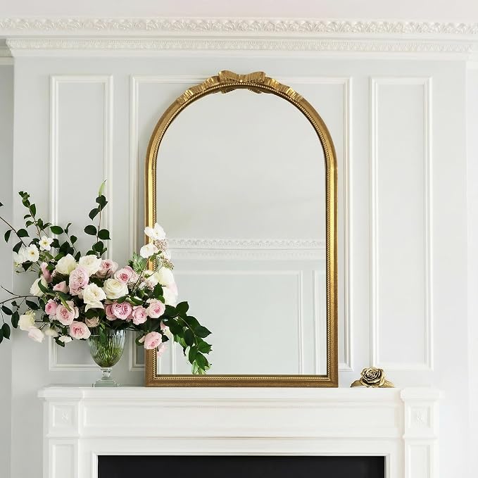 Gold Arched Bow Mirror - Modern Wall Mounted Large Beaded Mirror : 24"x39" Large Matt Gold Antique Wall Decor - Clean Ornate for Entryway/Fireplace/Bathroom/Hallway