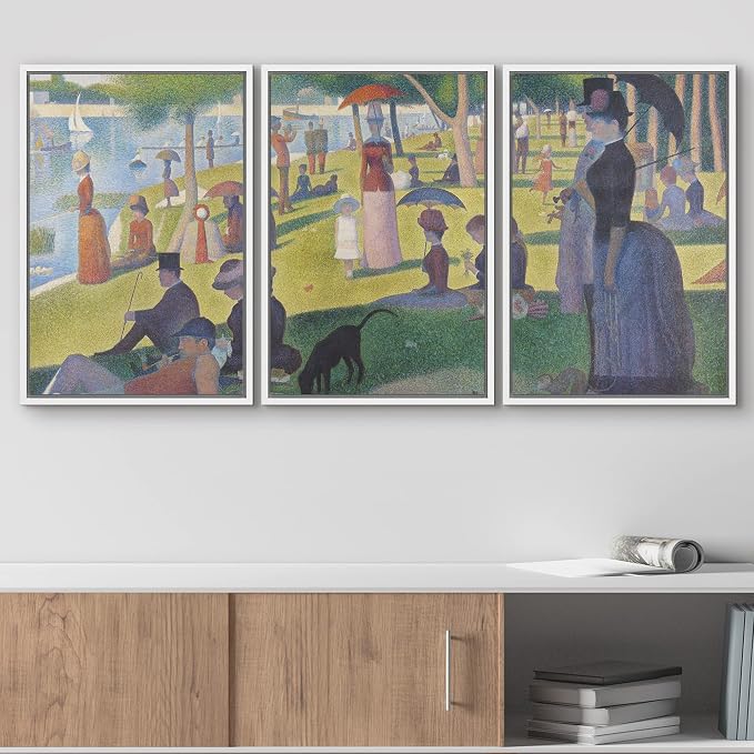 wall26 Framed Canvas Print Wall Art Set La Grande Jatte by Georges Seurat Cultural Historic Oil Painting Fine Art Reproduction Scenic Colorful for Living Room, Bedroom, Office - 16"x24"x3 White