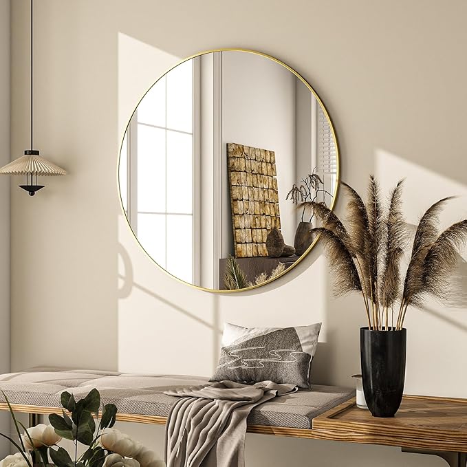 Round Mirror Wall Mounted Mirror - 24" Gold Circle Mirror Bathroom Vanity Mirror with Aluminum Frame for Bedroom Living Room Entryway Decor