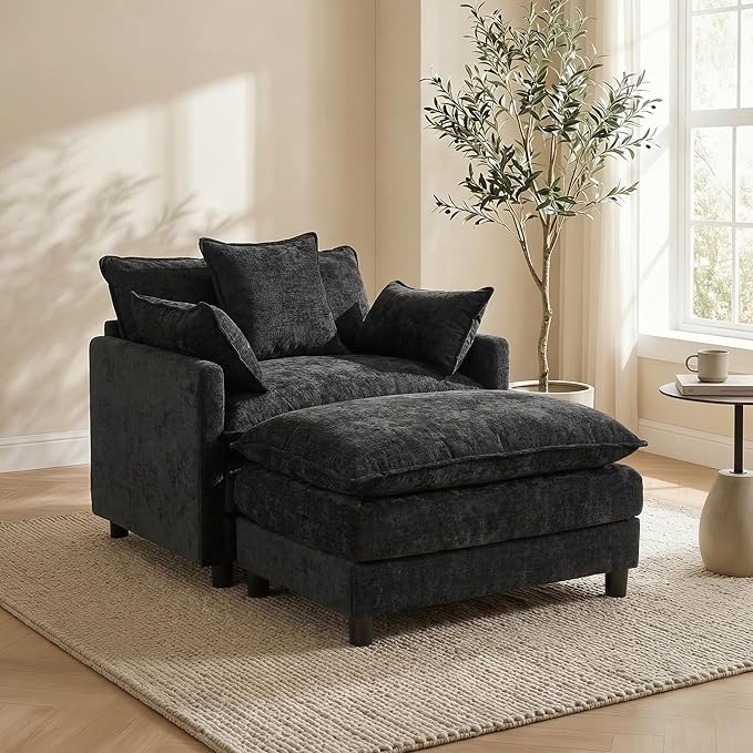 GRAVFORCE Oversized Chair with Ottoman, Comfy Upholstered Chaise Lounge Chair, Accent Indoor Reading Chairs for Living Room, Bedroom (Black)