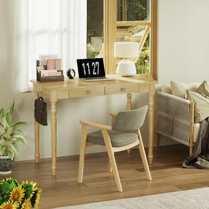 Solid Wood Desk with Drawers - 40 Inch Writing Desk with Drawers, Mid Century Modern Desk with 2 Hooks, Rubber Wood Study Table for Bedroom, Living Room & Office, Natural Boho Desks