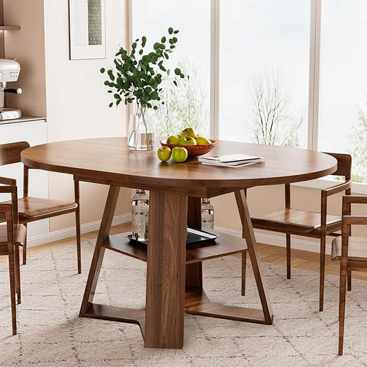 43.3in-59in Extendable Round Dining Table for 4-6,Modern Kitchen Oval Dining Table with Removable Leaves Space Saving,Wood Base with Storage Shelf for Kitchen Living Room