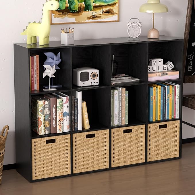 Wooden 12 Cube Storage Organizer with Closed Back Panel,Black Cube Shelf Cubby Storage Organizer with Compartments for Living,Bookshelf, Easy to Install (Black, 12-Cube-11in)