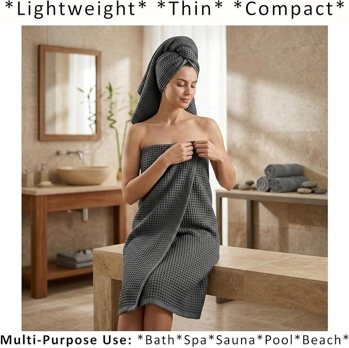 PÜSKÜL 4-Piece Natural 100% Turkish Cotton Luxury Waffle Towels for Bathroom | Premium Honeycomb Weave 2 Hand Towel & 2 Bath Towel Set | Soft Absorbent Quick-Dry Lightweight Towels (anthracithe)
