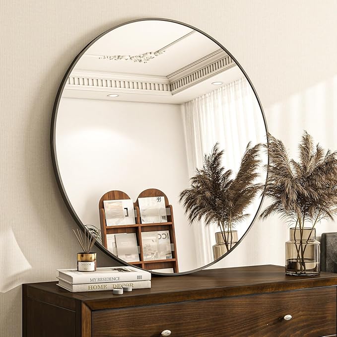 Round Mirror Wall Mounted Mirror - 28" Circle Mirror Bathroom Vanity Mirror with Aluminum Frame for Bedroom Living Room, Entryway Decor Black