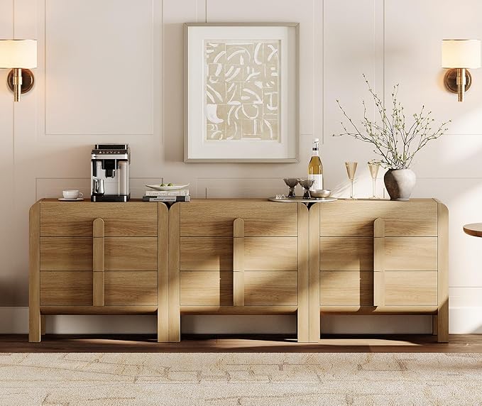WAMPAT 94.5" W Large Sideboard Buffet Cabinet with Storage, Modern 3 in 1 Buffet Cabinet with 9 Drawers, Wood Credenzas Console Coffee Bar Cabinet for Kitchen, Living Room, Walnut
