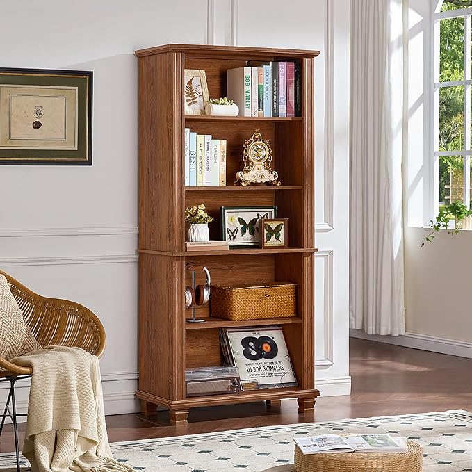 SAVOR LIFE 70" Tall Brown Bookshelf,5 Tier Wooden Book Shelf with Adjustable Shelves & Wood Legs,Free Standing Farmhouse Bookcase with Open Display Storage,Vintage Bookshelves for Classroom, 3PCS