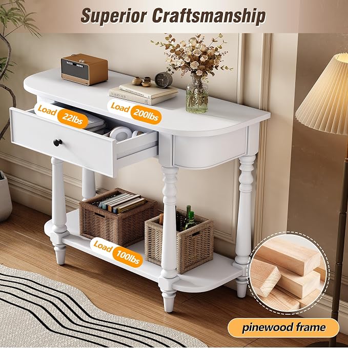 Retro Curved Console Table, 36" Solid Wood Half Moon Console Table Sofa Table Entryway Table with 1 Drawer 1 Open Shelf Roman Legs Curved Corners for Living Room,Entryway,Hallway,White