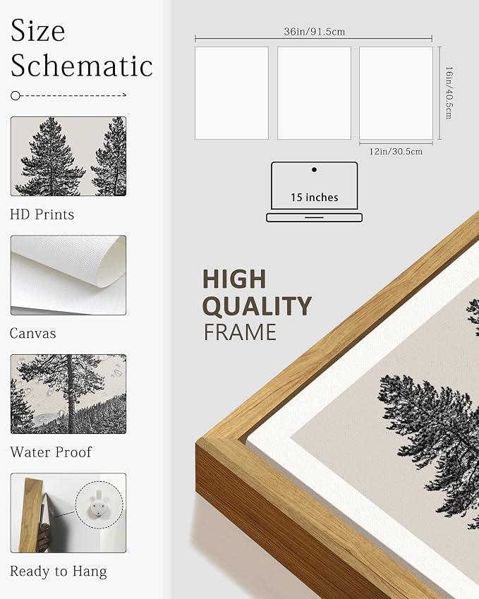 KUVIOKE Vintage Tree Framed Canvas Wall Art Black and White Retro Antique Forest Drawings Nature Wilderness Sketch Wall Painting Modern Decor 12x16in (Natural Framed)