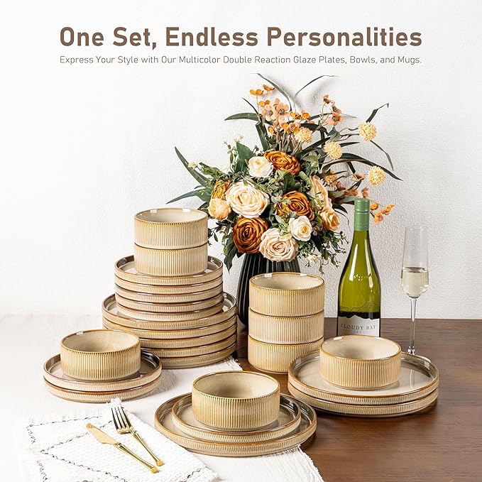 GBHOME 12-Piece Stoneware Dinnerware Set for 4 – Ribbed Ceramic Plates and Bowls, Scratch-Resistant, Microwave & Dishwasher Safe, Reactive Glaze, Barley Latte