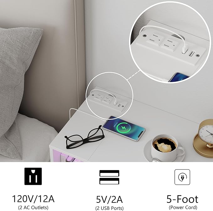 White Floating Nightstand with Charging Station and LED Lights,White