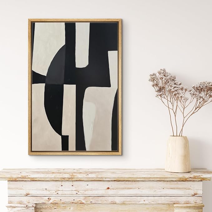 MUDECOR Framed Canvas Print Wall Art Bold Geometric Shapes in Black and Beige Abstract Mid-Century Illustrations Minimalism Decorative Bohemian Geometric Retro for Bedroom - 16"x24" Natural