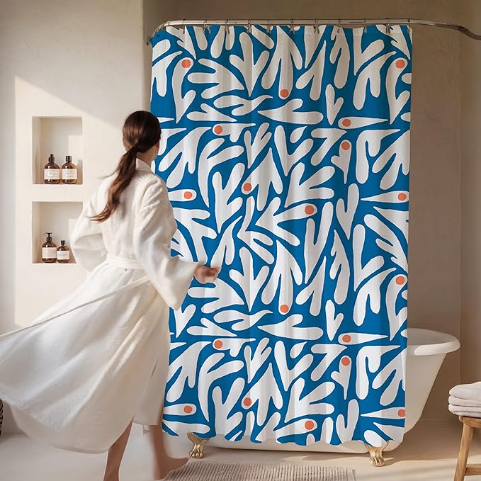 Matisse Blue and White Boho Modern Fabric Shower Curtain, Abstract Floral Art Shower Curtain, 72x72 Inches (Matisse)