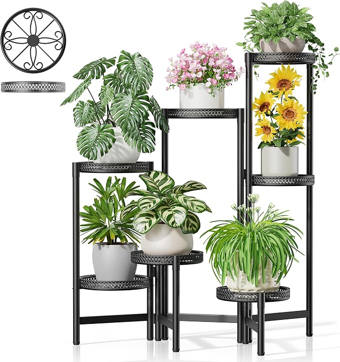 Stand Plants, 7 Tier Metal Plant Stands for Outdoor Indoor Plants,Heavy Duty Flower Pot Stands for Multiple Plants,Decoration Display Racks for Patio Garden -BlackS