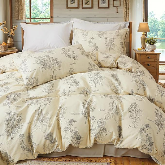 Cozeline 100% Cotton Duvet Cover Queen Size, Vintage Design with Luxrious Black Sketched Flowers & Leaves on Cream, 3 Pcs Breathable and Soft Duvet Cover for All Season