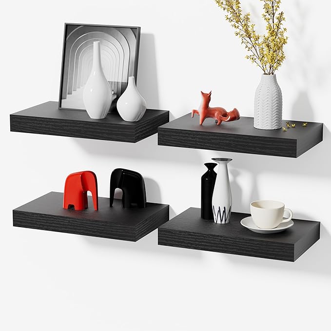 Floating Shelves for Wall, Black Small 11.8" Bathroom Shelves and Floating Shelf for Storage, Display Shelf for Home Decor, Over Toilet Organization for Bedroom, Living Room, 4-Pack