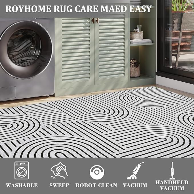 Washable Rug 8x10 Area Rugs for Living Room, Abstract Rug for Bedroom, Soft Rainbow Non Slip Rugs with Rubber Back, Low Pile Stain Resistant Boho Geometric Carpet for Dining Room, Blackwhite