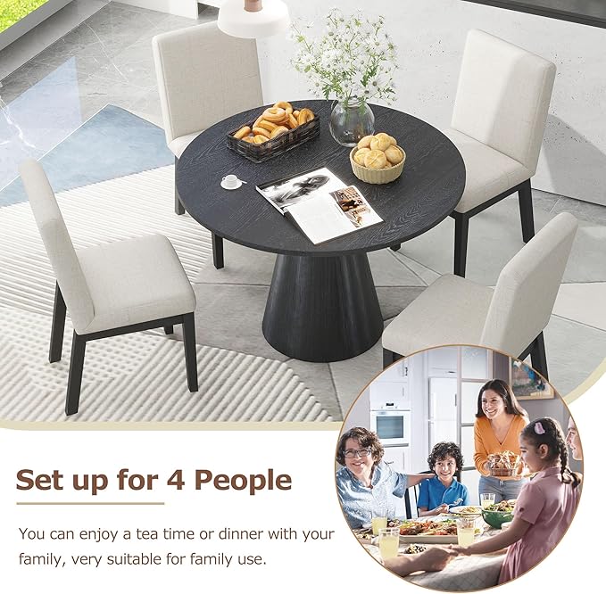 Modern 46.5" Round Dining Table for 4-6, Wooden Kitchen Table with MDF Top & Pedestal Base, Mid Century Modern Dining Table for Dining Room, Kitchen, Living Room, Black