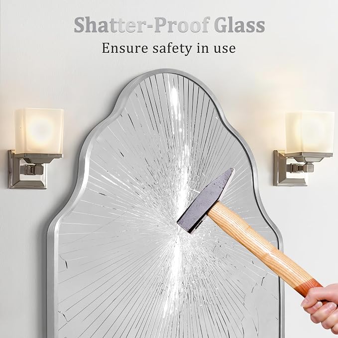 Scalloped Mirror for Bathroom - 24"x36" Silver Bathroom Mirror with Aviation Aluminum Alloy Frame & Shatter-Proof Glass for Living Room Bedroom Entryway, Brushed Silver Frame(x1)
