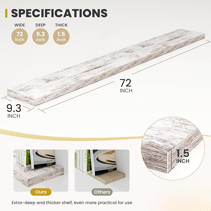 72 Inch Floating Shelves, 9.3" Deep Floating Shelf Wall Mounted, 72" Wall Shelves, Rustic Deep Bookshelf, Large Display Shelves & Storage Shelves for Bedroom, Living Room, Rustic, Set of 1
