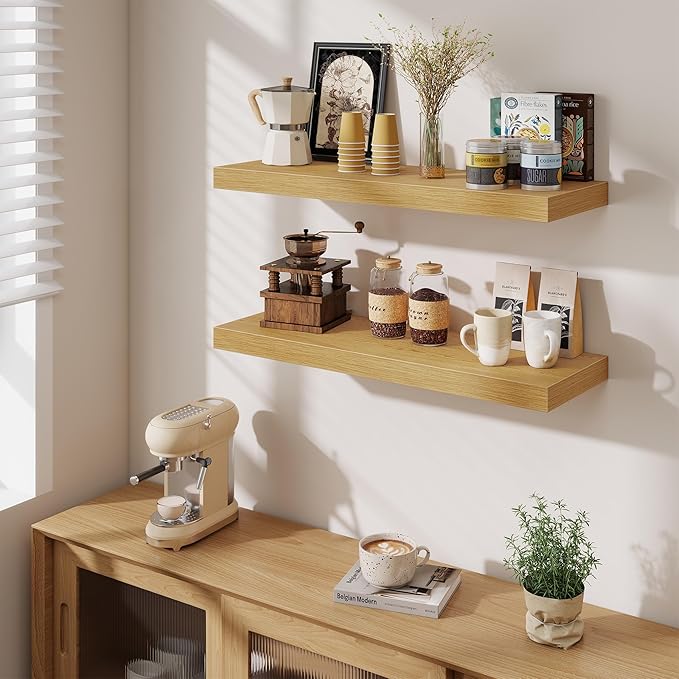 Fun Memories 32 x 10 Floating Shelves Wall-Mounted - Rustic Wood Shelf - 10 Inch Deep Floating Shelves for Wall - Large Storage Shelf for Bathroom - Kitchen & Bedroom - Oak - Set of 2