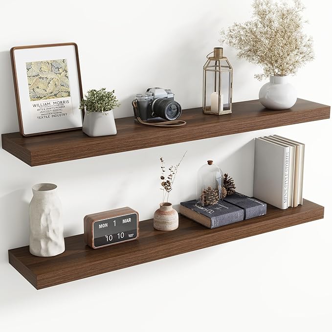 48 Inch Floating Shelves for Wall, 8 Inch Deep Floating Shelf for Storage & Display, Rustic Wall Mounted Shelf with Invisible Brackets for Living Room, Kitchen, Bathroom, Home Decor, Set of 2, Walnut
