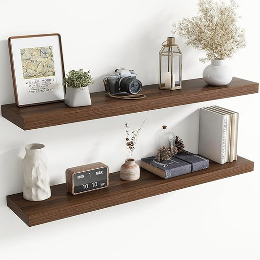 48 Inch Floating Shelves for Wall, 8 Inch Deep Floating Shelf for Storage & Display, Rustic Wall Mounted Shelf with Invisible Brackets for Living Room, Kitchen, Bathroom, Home Decor, Set of 2, Walnut