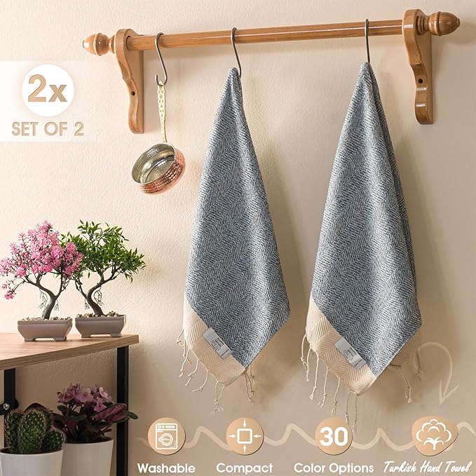Hand Towels - Set of 2 | 18" x 30" - Decorative Turkish Hand Towel for Bathroom, Kitchen, Guest, Face, Hair, Tea, Dishcloth (Herringbone, Baby Blue)