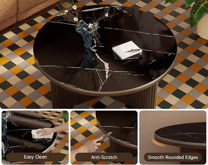 Morden Fort Round Coffee Table for Living Room, Faux Marble Coffee Table Sintered Stone Top & Solid Fluted Wood Base Modern Coffee Circle Table for Apartment Living Room Porch - 33'' Black Top