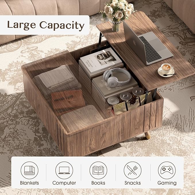 Square Lift Top Coffee Table with Storage,32" Mid Century Modern Walnut Center Table with Rising Desktop for Work & Dining, Walnut Finish