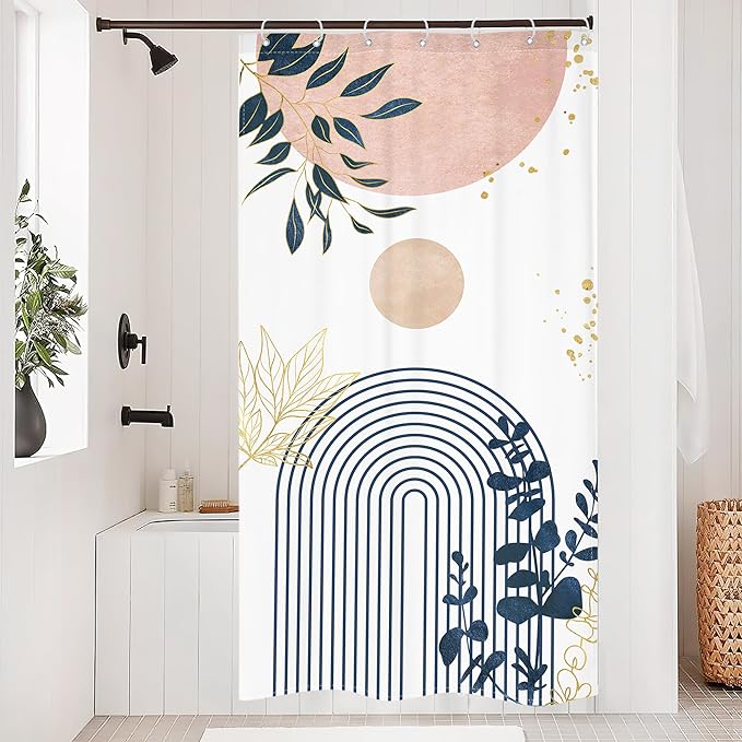 Riyidecor Small Stall Rv Narrow Half Shower Curtain for Bathroom Decor 36Wx72H Pink Blue Abstract Boho Modern Single Stand Up Minimalist Art Printed Fabric Polyester Waterproof 7 Pack Plastic Hook