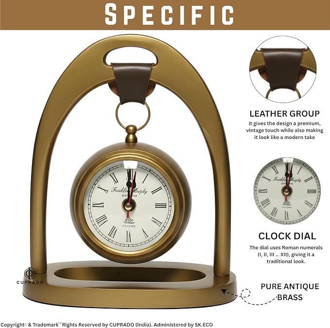 Antique Brass Table Clock with Leather Handle | Vintage Roman Numeral Dial, Decorative Mantel & Desk Clock | Elegant Home & Office Décor Gift