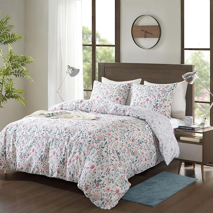 HoneiLife King Size Duvet Cover - Cotton Comforter Cover, Soft & Breathable Floral Bedding Duvet Cover Sets with Zipper Closure & Corner Ties, 3-PC Wildflower Comforter Cover Sets, Carnation