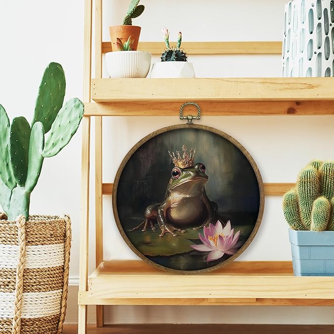 CGBHW Vintage Frog Round Wall Art Decor, Cottagecore Farmhouse Frog Canvas Prints Framed, Dark Botanical Wall Art Hanging Decor for Home Gallery Bedroom Living Room Decorations, 10x10 Inch