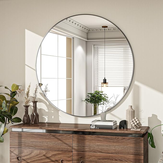 Round Mirror Wall Mounted Mirror - 30" Circle Mirror Bathroom Vanity Mirror with Aluminum Frame for Bedroom Living Room, Entryway Decor Black Mirror