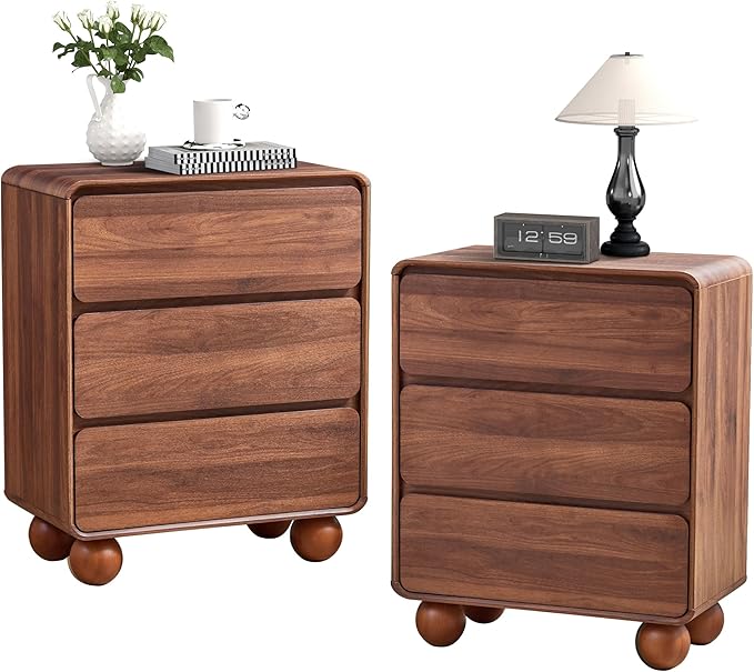 AVZEAR Set of 2 Modern 3 Drawer Dresser for Bedroom, Wooden Dresser Chest of Drawers, Handle Free & Curved Profile Design, Mid Century 3 Drawer Nightstand for Living Room, Walnut