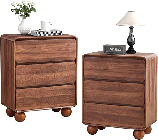 AVZEAR Set of 2 Modern 3 Drawer Dresser for Bedroom, Wooden Dresser Chest of Drawers, Handle Free & Curved Profile Design, Mid Century 3 Drawer Nightstand for Living Room, Walnut