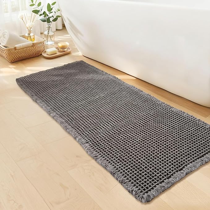 Waffle Runner Bath Mat - Long Boho Bathroom Rugs Non Slip Washable, Super Absorbent & Quick Dry, Soft Bath Mat Farmhouse Bathroom Decor, 24'' x 60'', Dark Grey